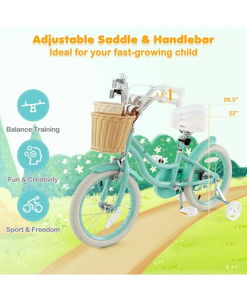 16" Kid s Bike with Training Wheels Adjustable Handlebar Seat Handbrake