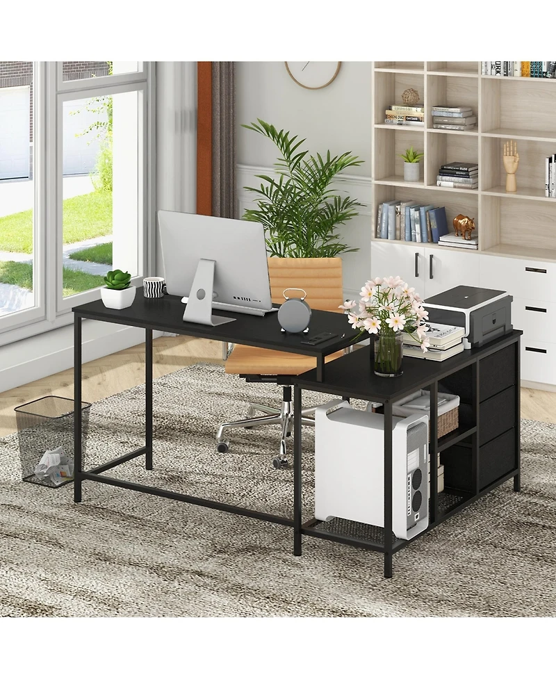 L-shaped Computer Desk with Power Outlet, Drawers, Metal Mesh Shelves