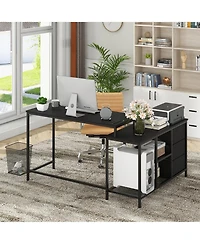 L-shaped Computer Desk with Power Outlet, Drawers, Metal Mesh Shelves