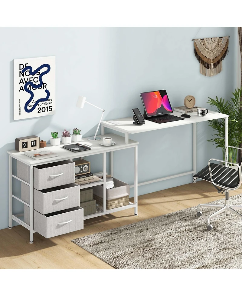 L-shaped Computer Desk with Power Outlet, Drawers, Metal Mesh Shelves