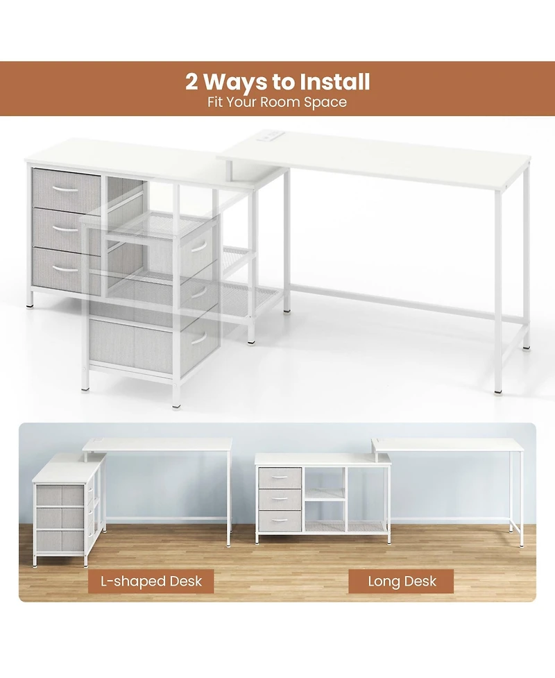 L-shaped Computer Desk with Power Outlet, Drawers, Metal Mesh Shelves