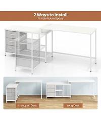 L-shaped Computer Desk with Power Outlet, Drawers, Metal Mesh Shelves
