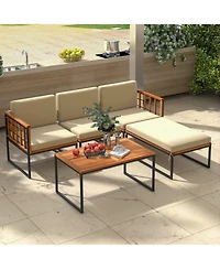 Costway 5 Pcs Patio Furniture Set Acacia Wood Sectional Set with Seat & Back Cushions