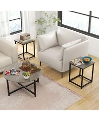 Costway 3 Pcs Coffee Table Set Round Coffee Table and 2 Pcs Square End Tables Metal Frame