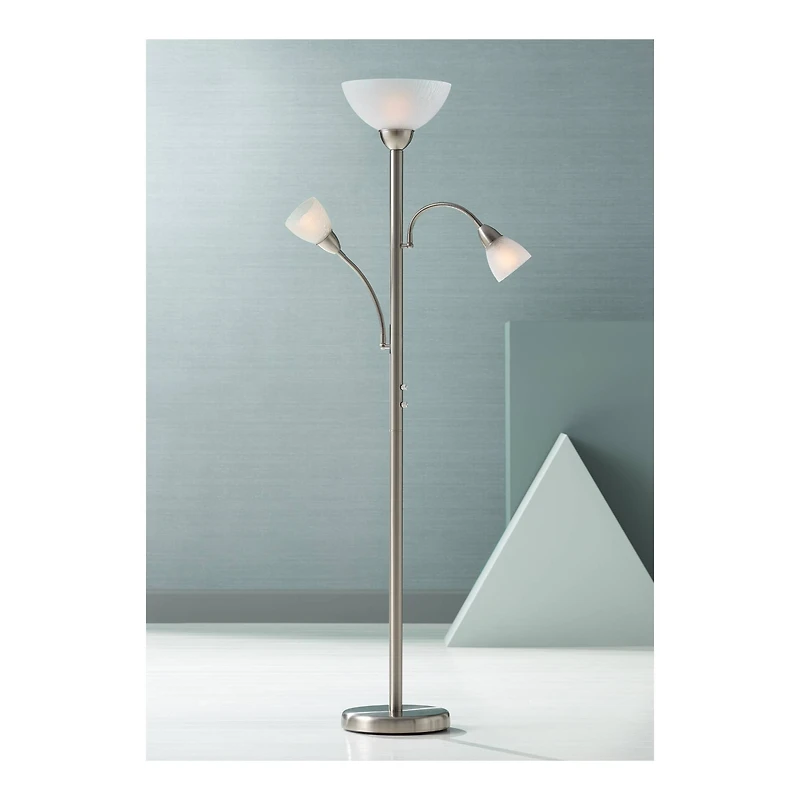 Possini Euro Design Alexei Modern Torchiere Floor Lamp with Side Lights 72" Tall Brushed Nickel White Crackle Glass for Living Room Reading Bedro