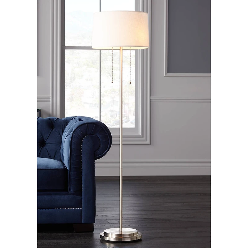 Possini Euro Design Simplicity Modern Floor Lamp 59" Tall Brushed Nickel Silver Off White Tapered Drum Shade for Living Room Bedroom Office House