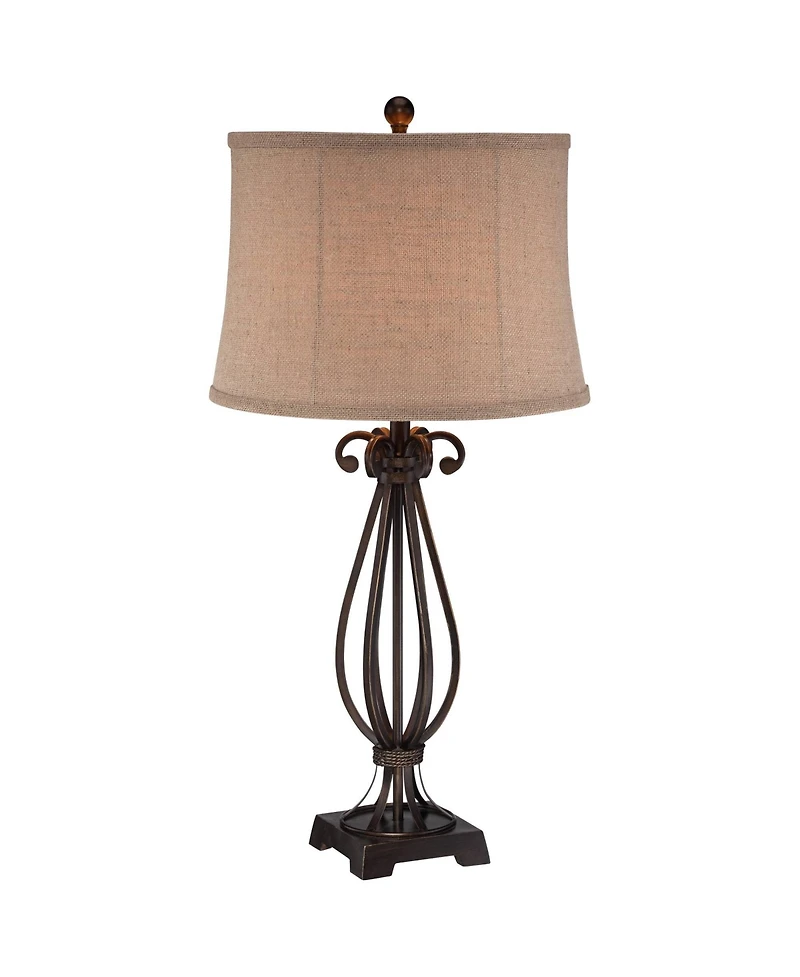 Regency Hill Taos Traditional Table Lamp 32" Tall Iron Open Scroll Base Neutral Burlap Shade for Bedroom Living Room Bedside Nightstand Office Ki