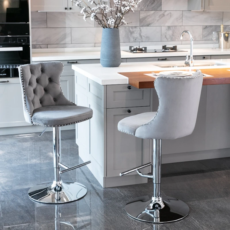 Streamdale Gray Swivel Velvet Bar Stools (Set of 2)