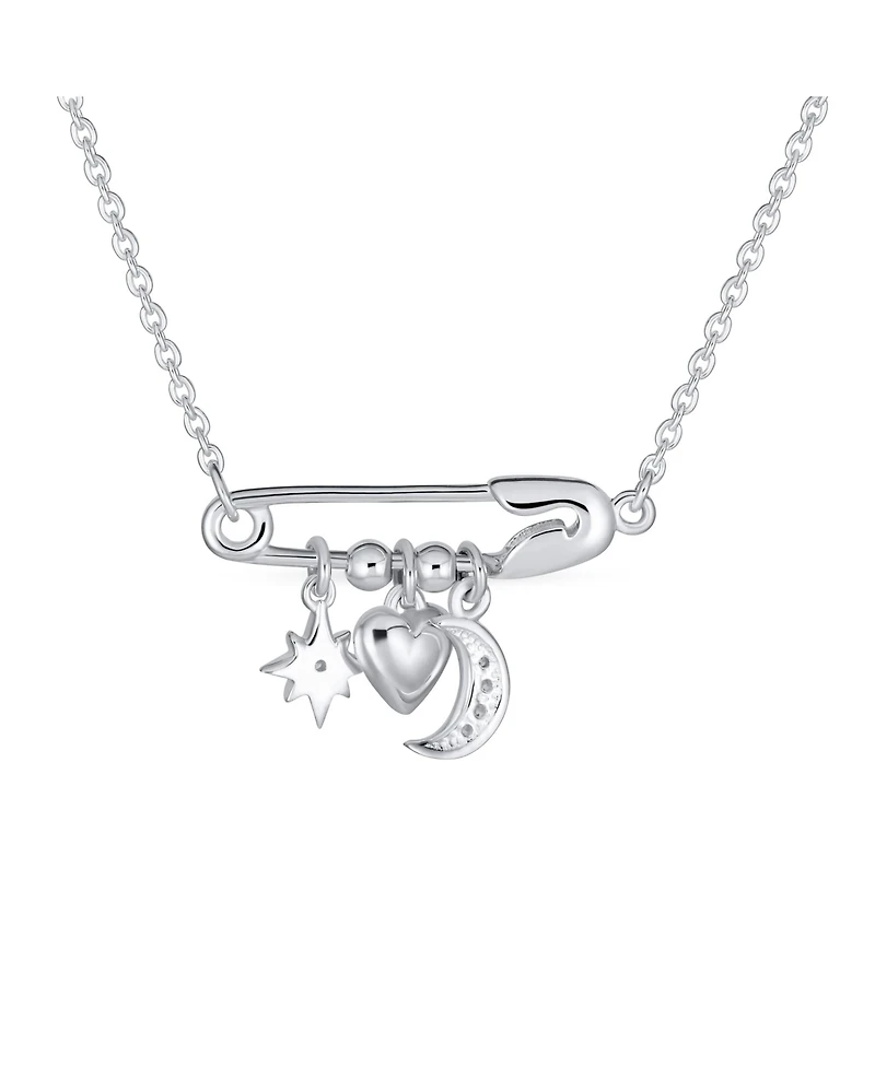 Bling Jewelry Support Symbol Cz Accent Moon Heart Star Charms Sideways Celestial Safety Pin Necklace Pendant Sterling Silver