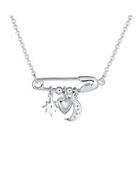 Bling Jewelry Support Symbol Cz Accent Moon Heart Star Charms Sideways Celestial Safety Pin Necklace Pendant Sterling Silver