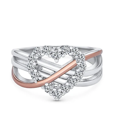 Bling Jewelry Two Tone Pave Cz Accent Cubic Zirconia Crossover Intertwined Infinity Heart Promise Ring Rose Gold Plated Sterling Silver