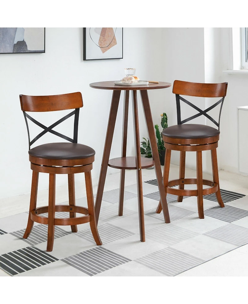 Sugift Set of 2 Bar Stools 360-Degree Swivel Dining Bar Chairs with Rubber Wood Legs