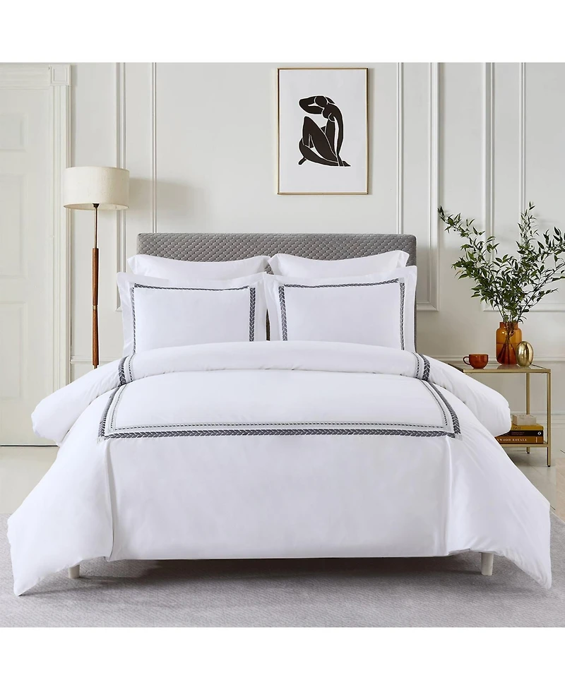 Egyptian Linens 100% Cotton Sadie Percale Embroidered Duvet Cover Set, Full/Queen