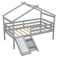 Streamdale Furniture Twin Low Loft House Bed With Slide, Ladder, Safety Guardrails, House Roof Frame, Grey