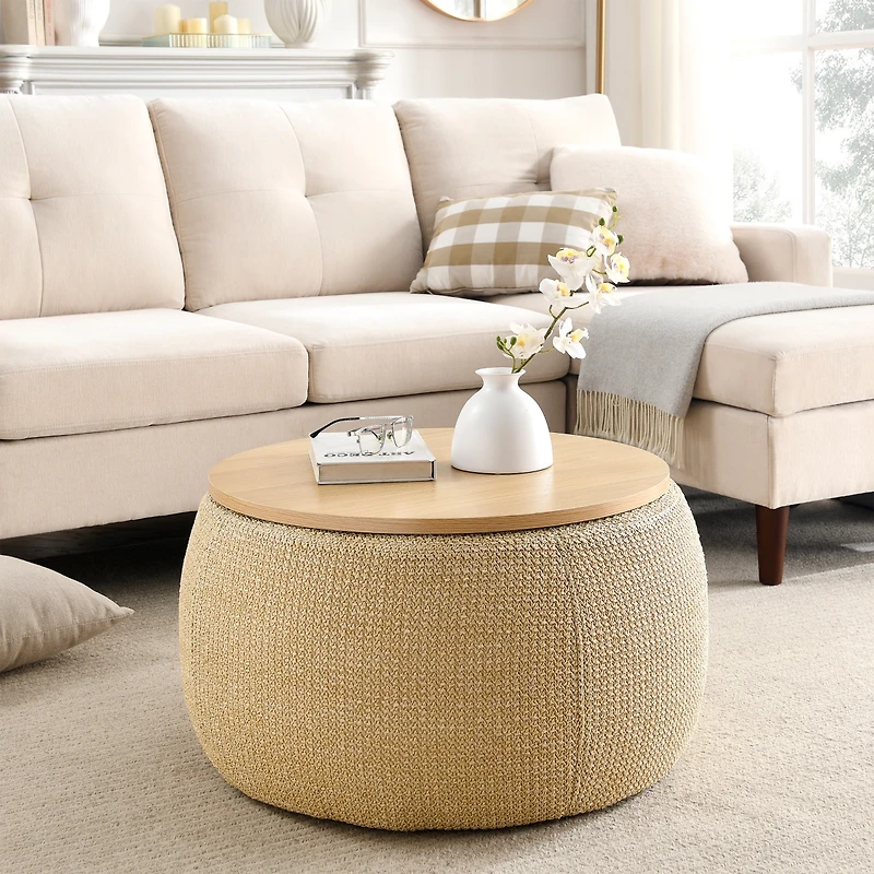 Round Storage Ottoman, 2 In 1 Function, Work As End Table And Ottoman, Natural (25.5"X25.5"X14.5")
