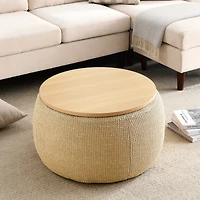 Round Storage Ottoman, 2 In 1 Function, Work As End Table And Ottoman, Natural (25.5"X25.5"X14.5")