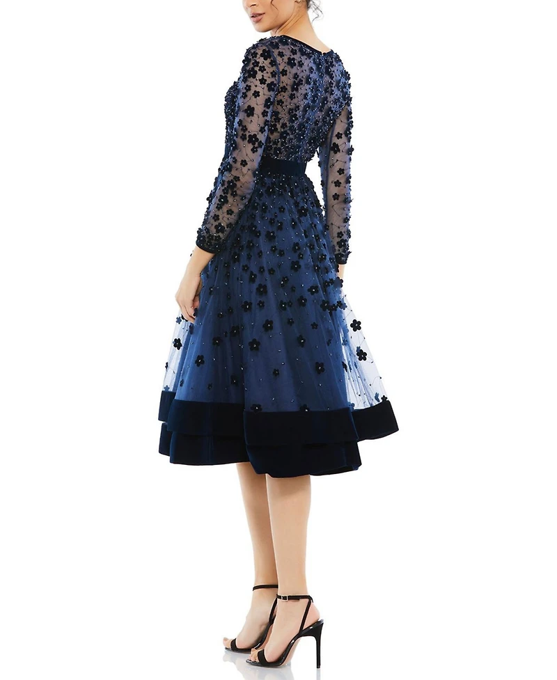 Women's Embellished Illusion High Neck Long Sleeve Fit & Flare Dress