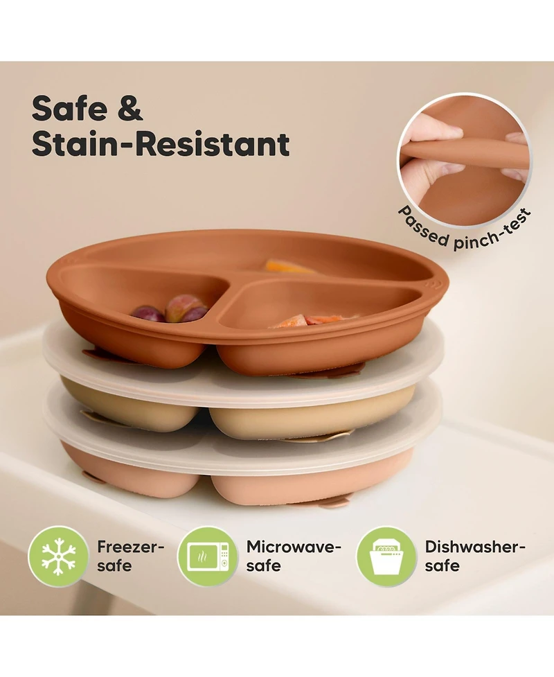 KeaBabies 3-Pack Prep Suction Plates with Lids, 100% Silicone Baby Plates with Lid, Bpa-Free Kids Divided Toddler Plates