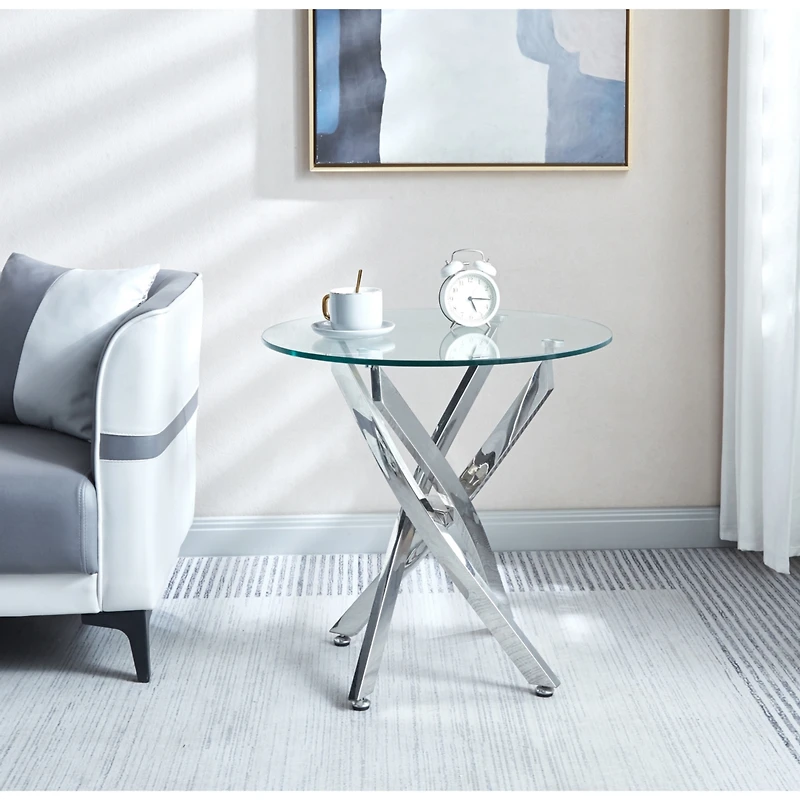 Simplie Fun Modern Round Tempered Glass End Table With Chrome Legs