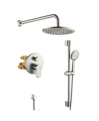 Mondawe 9" Wall Mounted Rainfall Shower System Set with Hanheld Spray & Slide Bar, Brushed Gold