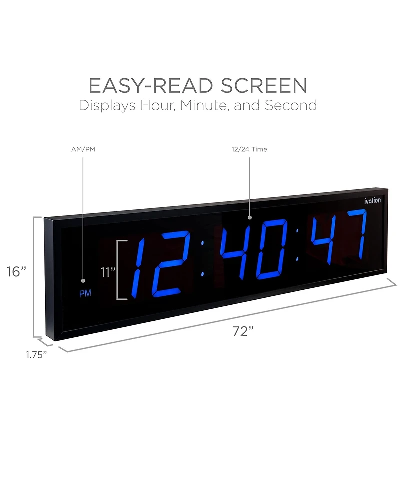 Ivation Large Digital Clock, 72" Led Wall Clock with Alarms, Timer & More