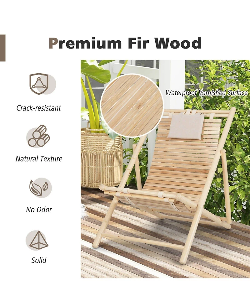 Slickblue Solid Fir Wood Lounge Chair with 3-Level Adjustable Backrest and Soft Padded Headrest-Natural
