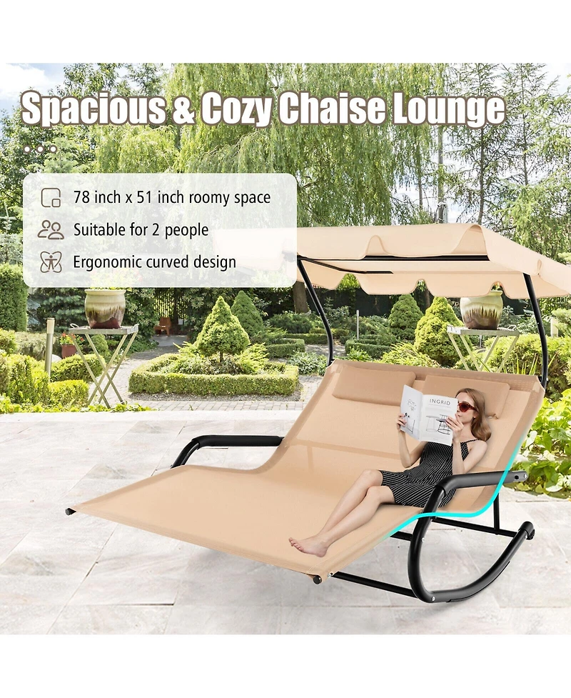 Slickblue Outdoor 2 Persons Rocking Chaise Lounge with Canopy and Wheels-Beige