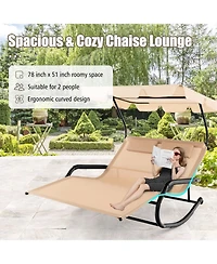 Slickblue Outdoor 2 Persons Rocking Chaise Lounge with Canopy and Wheels-Beige