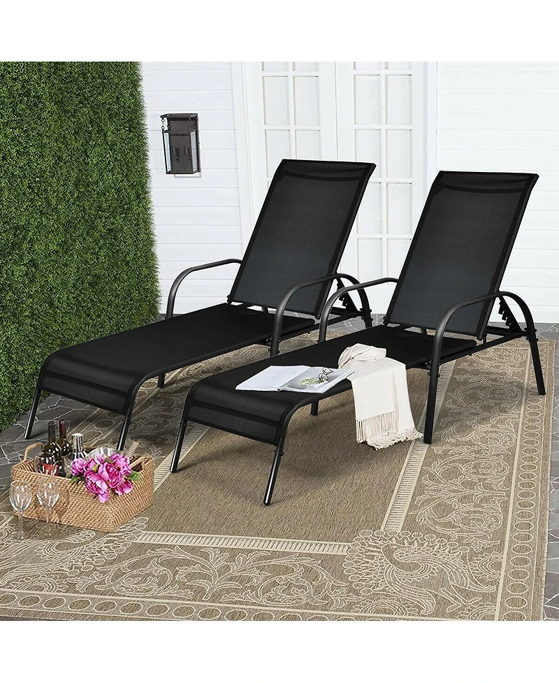 Slickblue 2 Pcs Outdoor Patio Lounge Chair Chaise Fabric with Adjustable Reclining Armrest