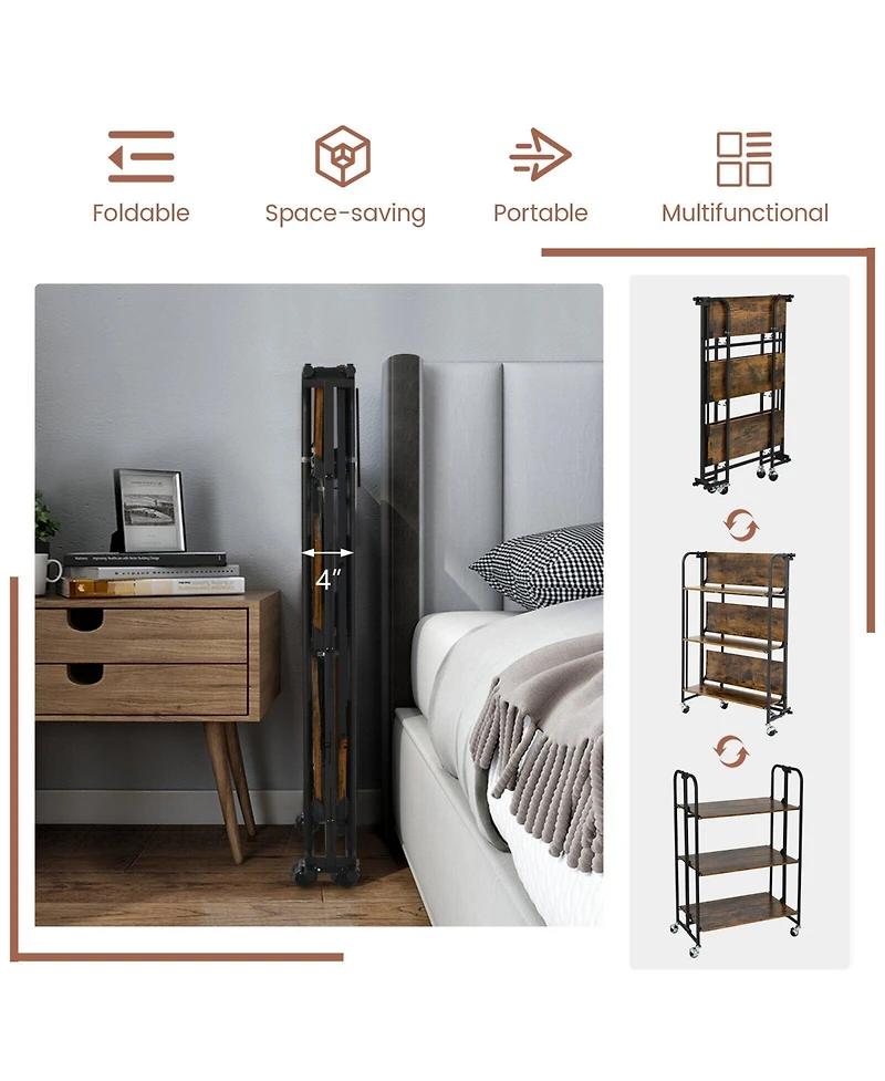 Slickblue Foldable Rolling Cart with Storage Shelves for Kitchen-3-Tier