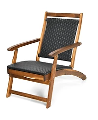 Slickblue Patio Rattan Folding Lounge Chair with Acacia Wooden Frame Retractable Footrest