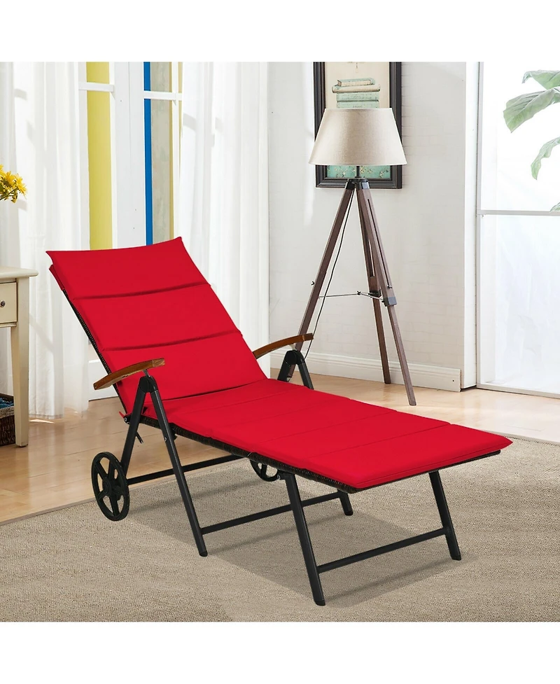 Slickblue Folding Patio Rattan Lounge Chair with Wheels-Red