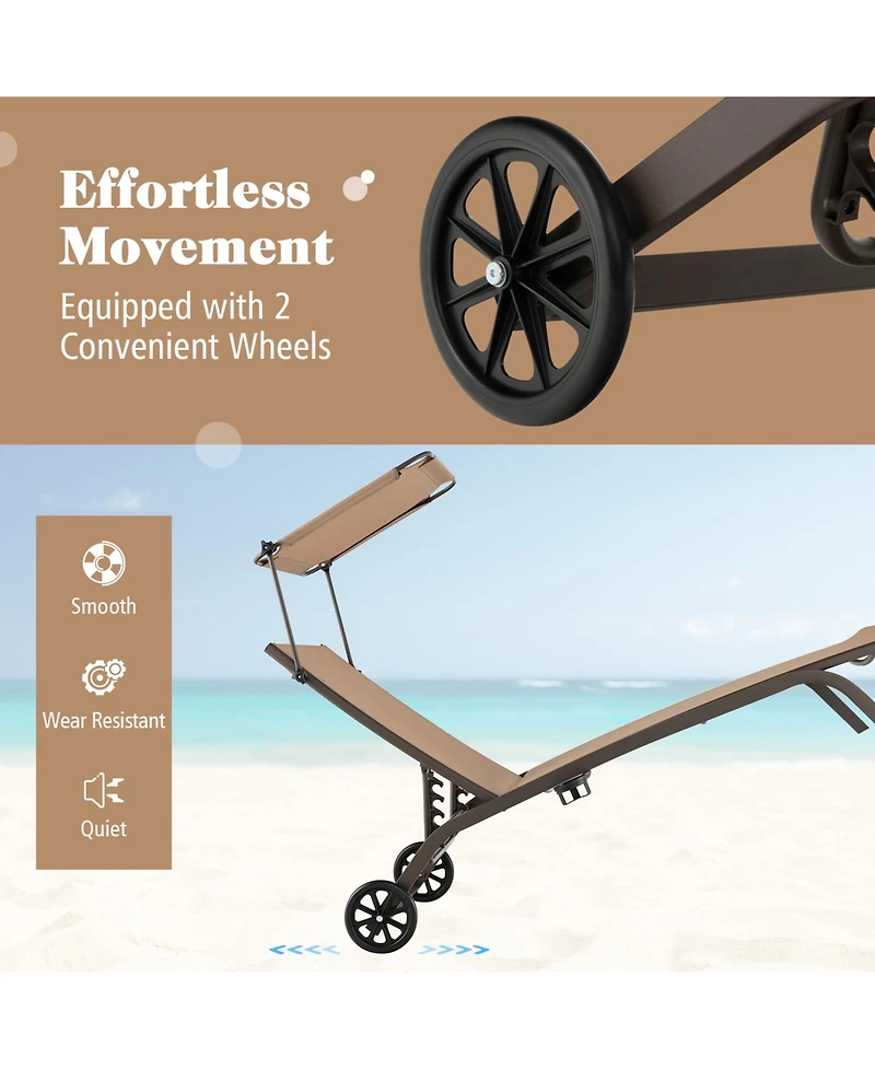 Slickblue Patio Heavy-Duty Adjustable Chaise Lounge Chair with Canopy Cup holder and Wheels-Brown