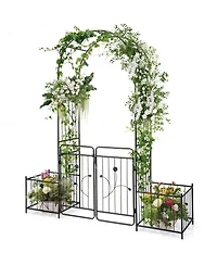 Slickblue 87 Inches Garden Arbor with Lockable Gate Side Planters-Black