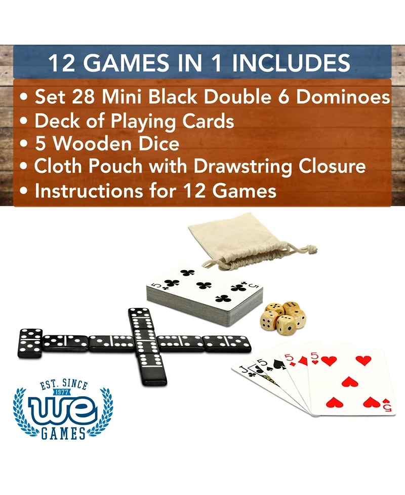 We Games Mini Double 6 Dominoes, Dice and Card Travel Game