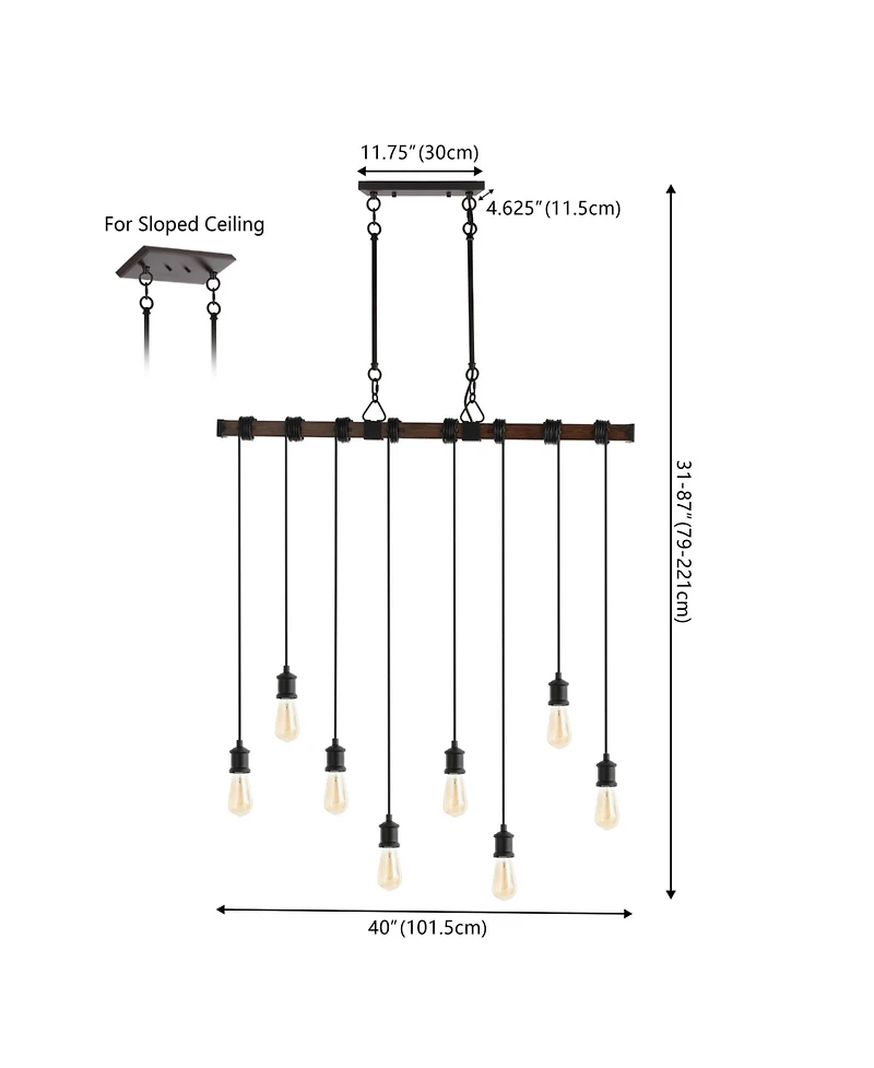 Jonathan Y Rhys 40" 8-Light Vintage Industrial Driftwood Iron Led Linear Chandelier with Height Adjustable Bulbs, Brown Wood Finish/Black