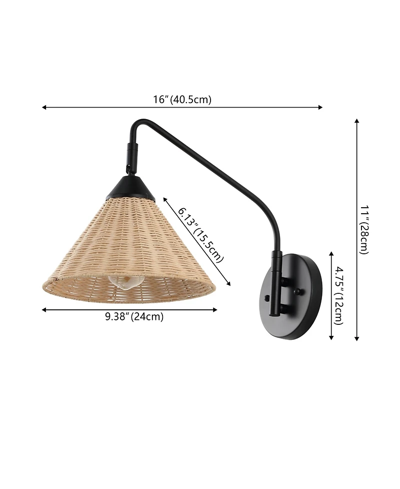 Jonathan Y Kiawah 11" 1-Light Vintage Coastal Rattan/Metal Swing Arm Led Sconce, Black/Natural