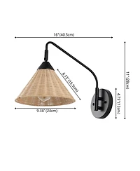 Jonathan Y Kiawah 11" 1-Light Vintage Coastal Rattan/Metal Swing Arm Led Sconce, Black/Natural
