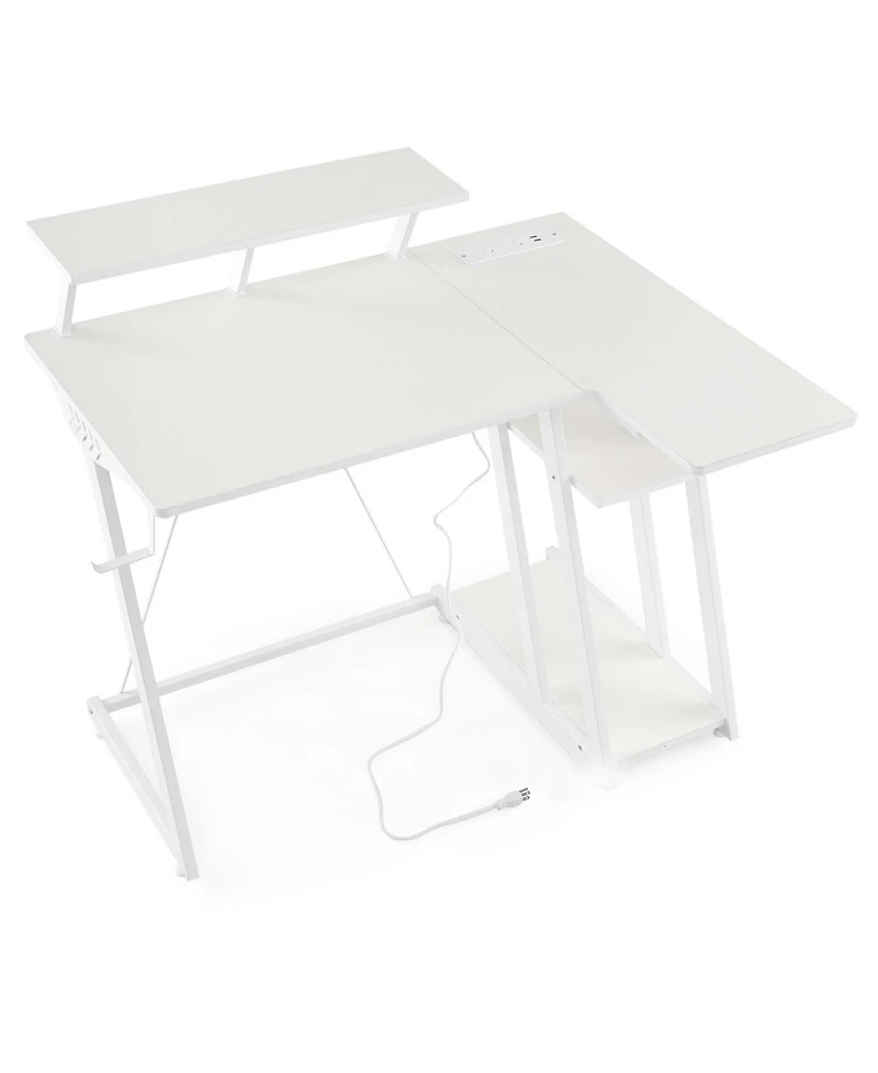 Costway L-Shaped Gaming Desk with Outlets & Usb Ports Monitor Shelf Headphone Hook