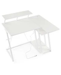 Costway L-Shaped Gaming Desk with Outlets & Usb Ports Monitor Shelf Headphone Hook