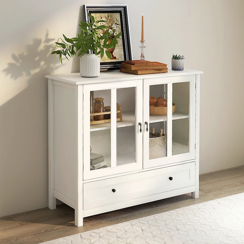 Streamdale Buffet Storage Cabinet With Double Glass Doors And Unique Bell Handle