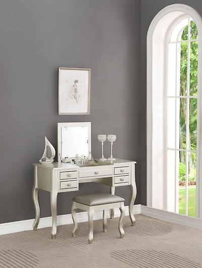 Streamdale Furniture Silver Vanity Set with Unique Legs and Cushion Seat