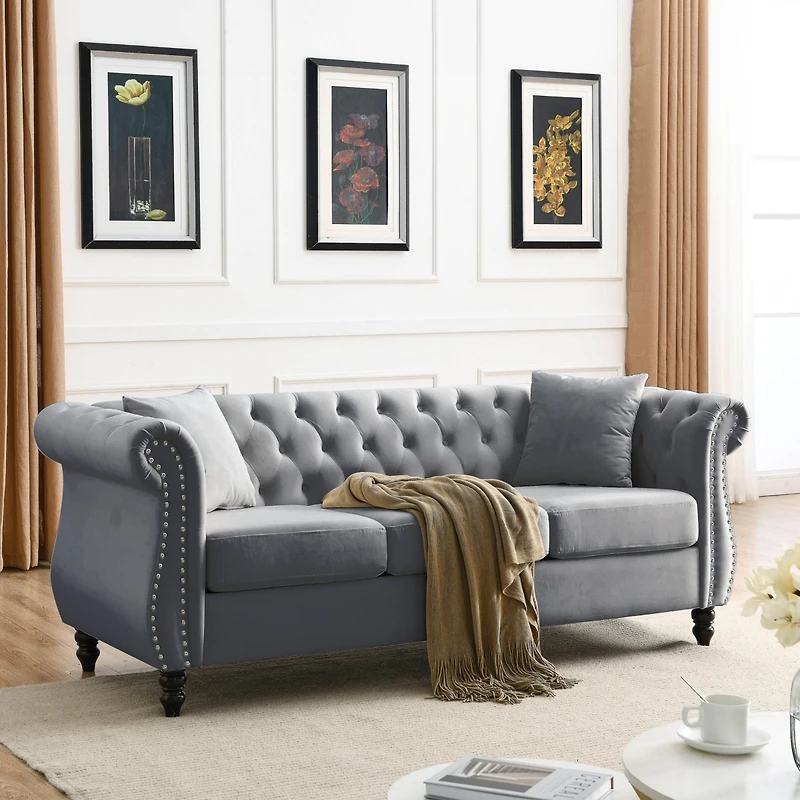 Streamdale Grey Velvet Tufted 3-Seater Sofa with Pillows