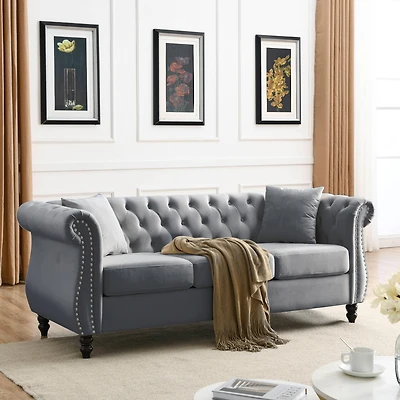 Streamdale Grey Velvet Tufted 3-Seater Sofa with Pillows