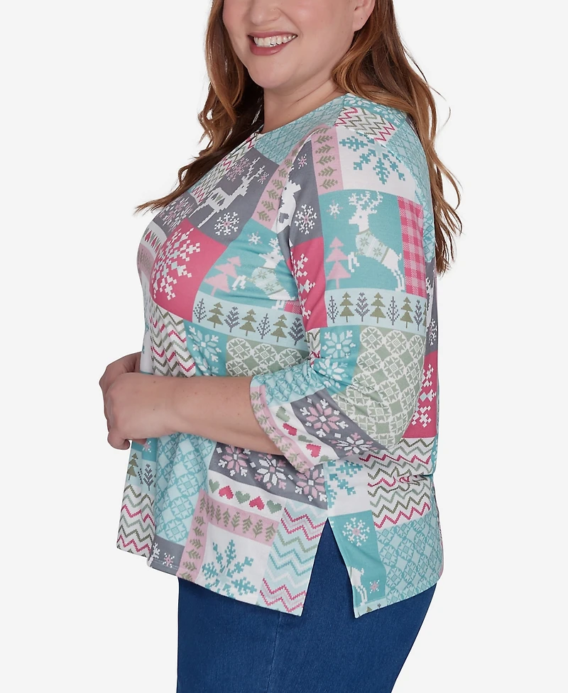 Alfred Dunner Plus Size Classic Reindeer Patchwork Top