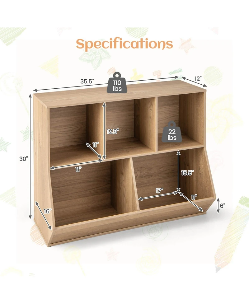 5-Cubby Kids Toy Storage Organizer Wooden Bookshelf Display Cabinet