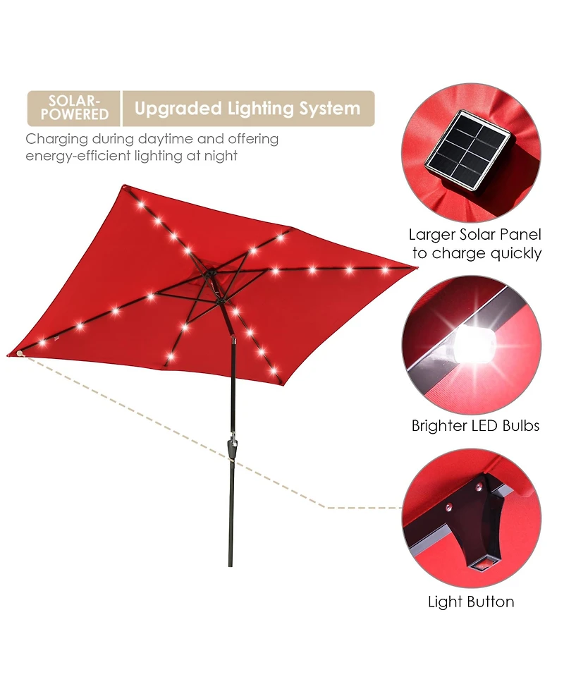 Yescom 10x6.5FT Rectangle Outdoor Solar Led Patio Umbrella with Crank Tilt for Table Market Yard Deck Pool Party Red