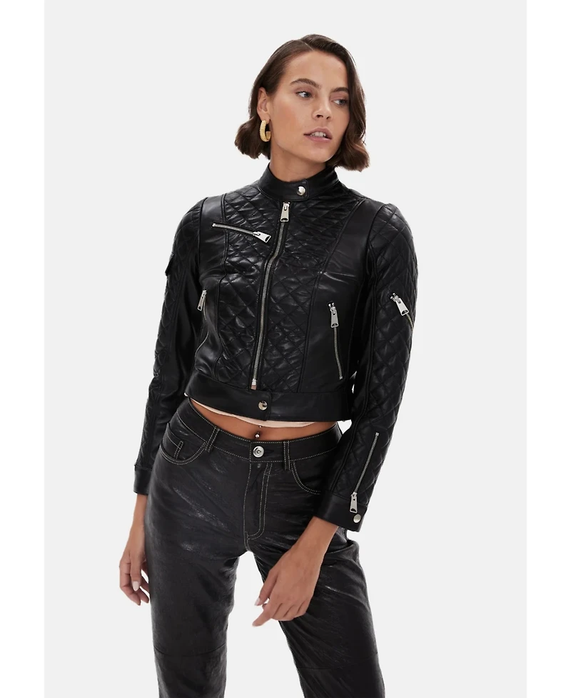 Furniq Uk Women's Cropped Leather Jacket, Black
