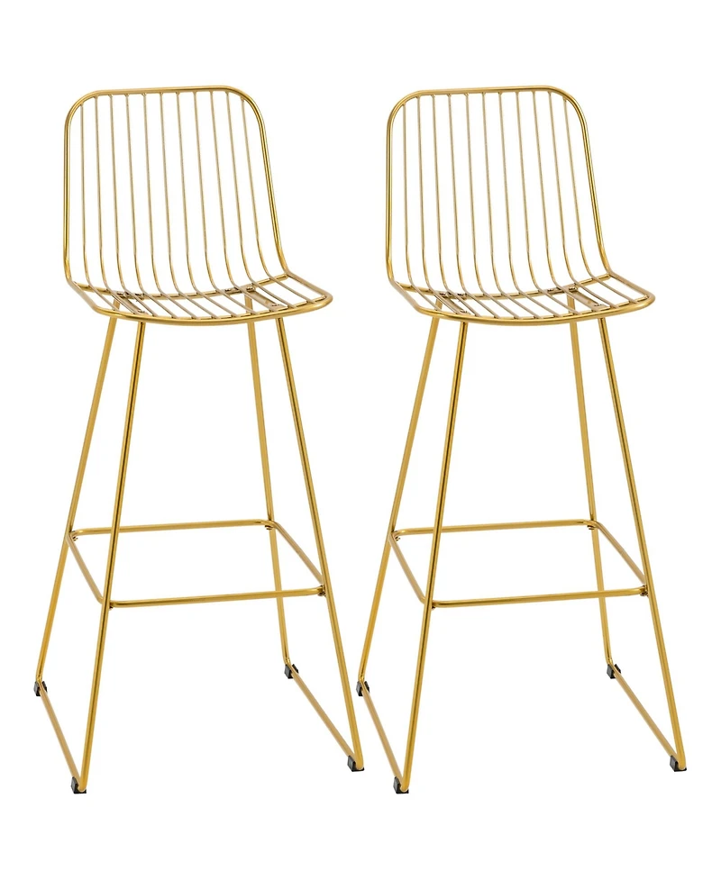 Modern Bar Stools Set of 2 Bar Chairs w/ Back Footrest Steel Frame, Gold