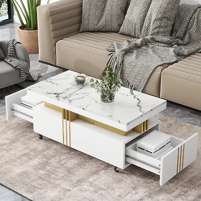 Streamdale Luxury Marble Top Coffee Table With Wheels